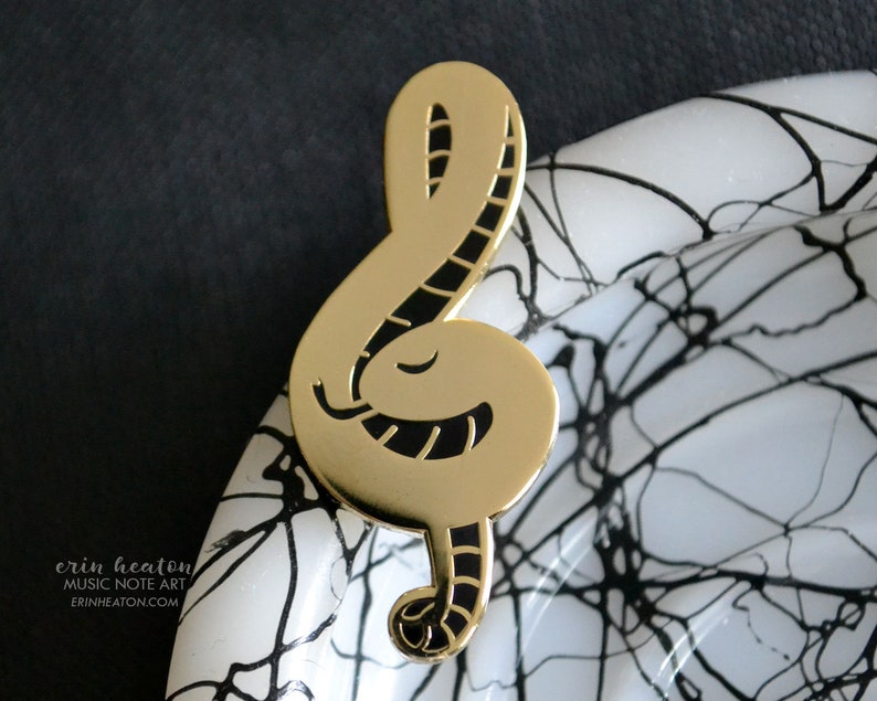 Treble clef pin / TREBLE CLEF SNAKE music pin / Shiny gold and black hard enamel pin makes a great music teacher gift or band gift image 2