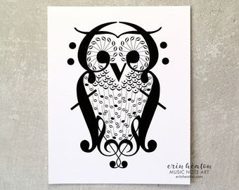 OWL music note art print - 5x7, 8x10, 11x14 Fine art print / Black and white music room decor, Makes a great gift for musician