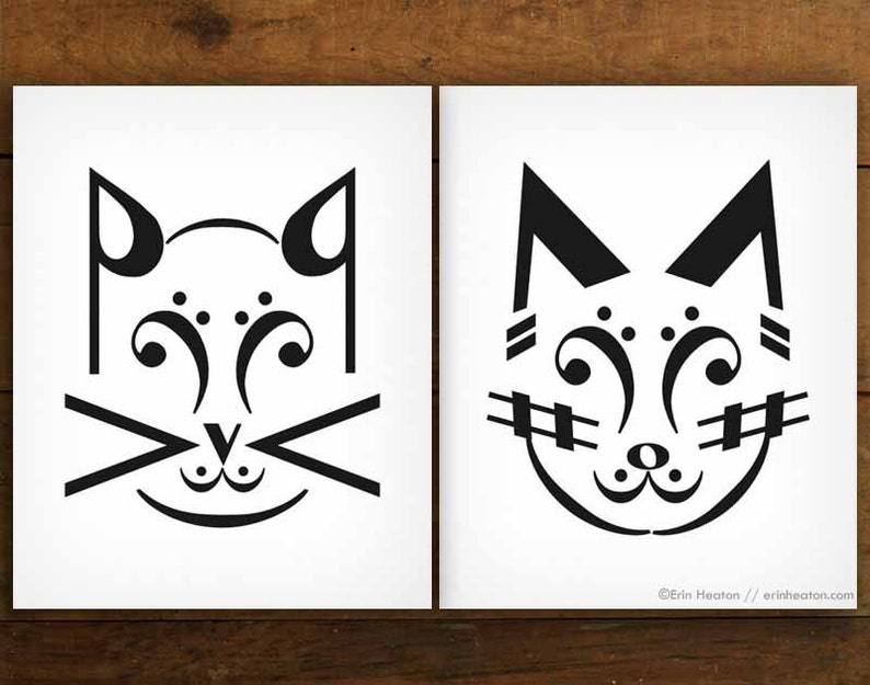 Music Note CAT art prints 5x7, 8x10, 11x14, Set of 2 black and white art for music room decor, Gift for musician men image 2