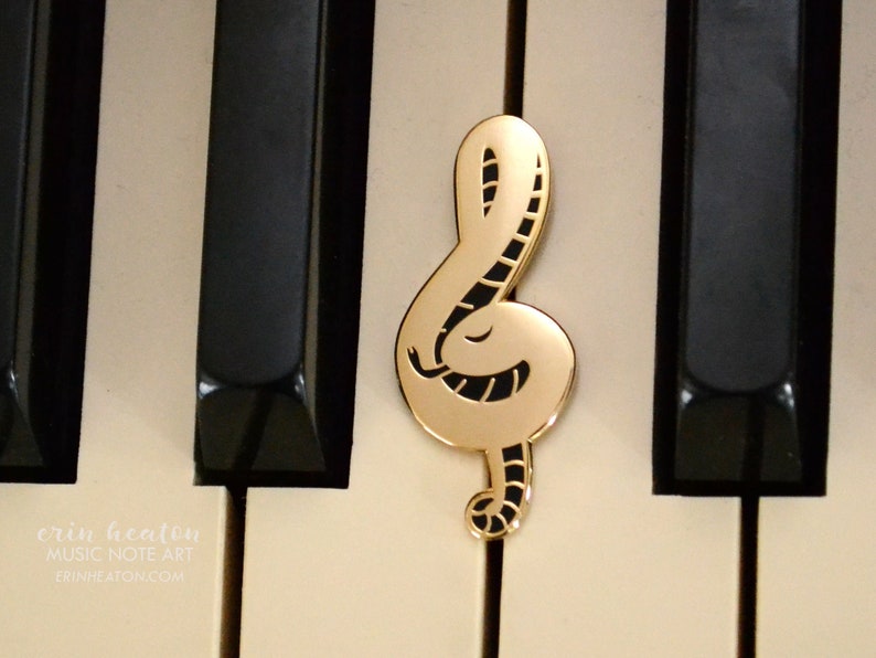 Treble clef pin / TREBLE CLEF SNAKE music pin / Shiny gold and black hard enamel pin makes a great music teacher gift or band gift image 1