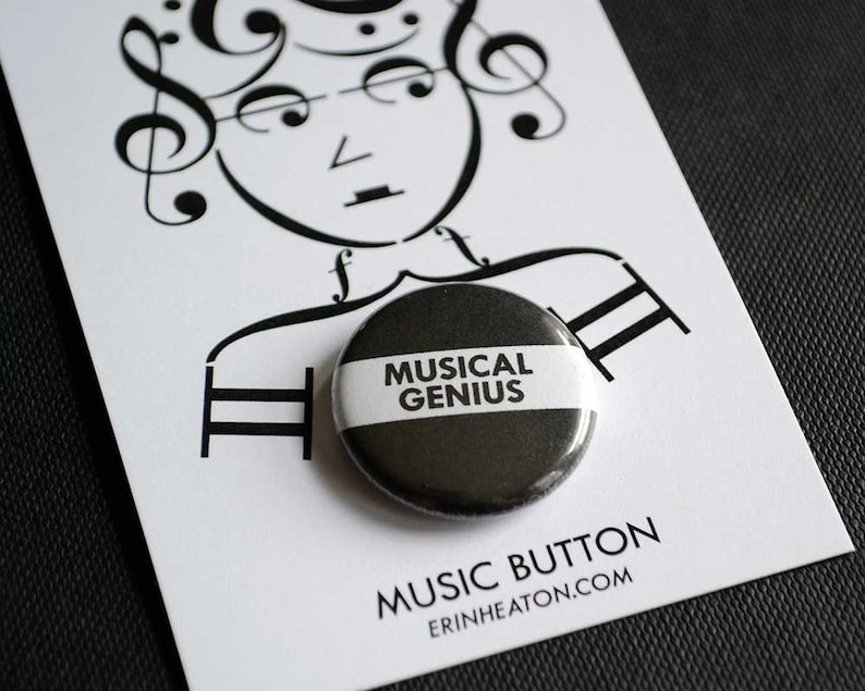 MUSICAL GENIUS button / Music pin / Music teacher gift / Black and white music button / Music gift / Marching band gift image 1