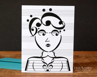 Music note greeting card / BEATNIK CHICK music note card /Music stationery / Music card / Music teacher gift / Band director card