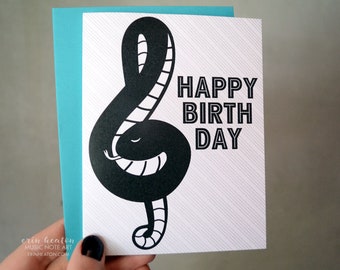 Set of 8 TREBLE CLEF SNAKE Birthday cards / Musician birthday card / Musical birthday card / Music teacher card / Happy Birthday card