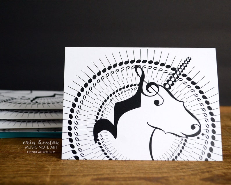 Music cards / Set of 8 music note UNICORN cards / Black & white cards featuring treble clef and musical notation / Great music teacher gift image 2