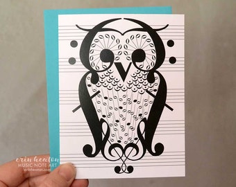 OWL Music Note Card / Thank you note / Music teacher gift / Band director gift / Treble Clef / Bass Clef / Music card