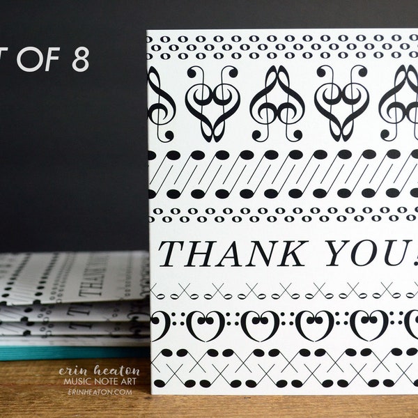 Music Note THANK YOU Cards - Set of 8 / Black and white musical notation thank you card / Perfect gift for music teachers and band directors