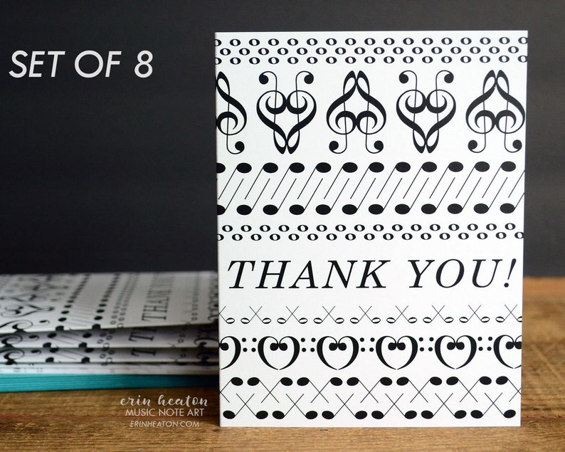 Music Note THANK YOU Cards Set of 8 / Black and white musical notation thank you card / Perfect gift for music teachers and band directors image 1