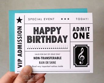 Set of 8 CONCERT TICKET birthday cards / Musical birthday card / Treble clef card / Music teacher card / Musician gifts