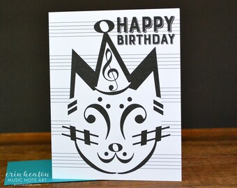 Set of 8 Music BIRTHDAY Cards / PARTY CAT birthday card / Music note birthday card / Musician birthday card / Happy Birthday / Music teacher