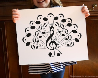 Music art / PEACOCK music note art print - 5x7, 8x10, 11x14 Fine art print / Music wall art / Music gift / Music decor / Musician gift