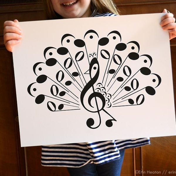 Music art / PEACOCK music note art print - 5x7, 8x10, 11x14 Fine art print / Music wall art / Music gift / Music decor / Musician gift