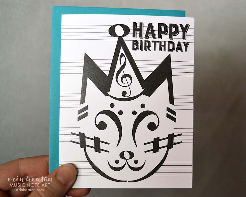 Music BIRTHDAY Card / PARTY CAT birthday card / Music note birthday card / Musician birthday card / Happy Birthday / Music teacher gift image 2