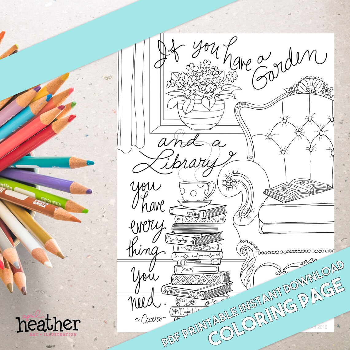 COLORING PAGE PDF Printable Library and a Garden Instant - Etsy Canada