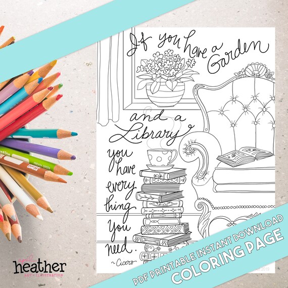 COLORING PAGE PDF Printable Library and a Garden Instant | Etsy