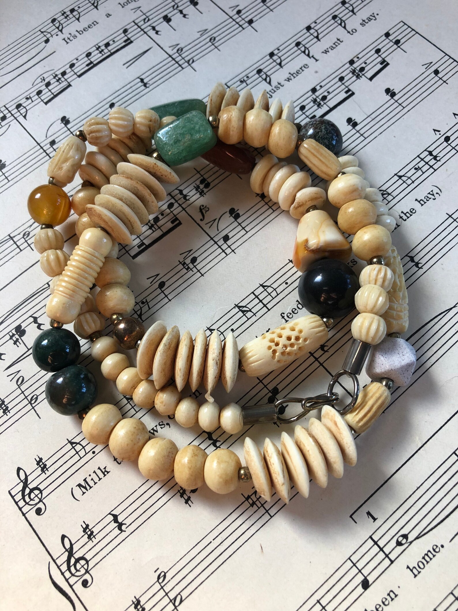 Vintage Bone Bead Necklace Horn Natural Gemstones Carved Etsy
