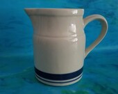 Friendship Pottery Pitcher Roseville OH Off White Blue Stripes Dishwasher Microwave Safe Oven Proof Vintage Kitchen Farm Table