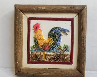 Vintage 3-D Rooster Magnet Resin With Wood Frame Refrigerator Stove Locker Kitchen Decor Farmhouse Decor Rustic Farm Decor