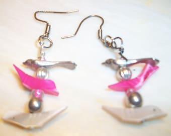 Hot Pink Bird Earrings Hot Pink Mother of Pearl and Silver earrings Hand Made Darling Mother of Pearl & Pewter Birds,Dangle Earrings