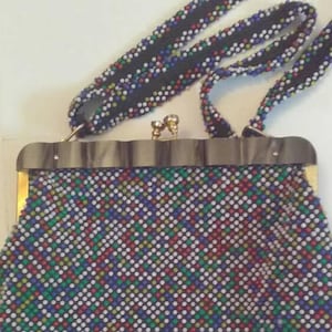 purse Beaded Colorful 1960&#39;s Shoulder Bag Clutch Purse Tortoise Shell and Brass Snap Top Great Vintage Purse