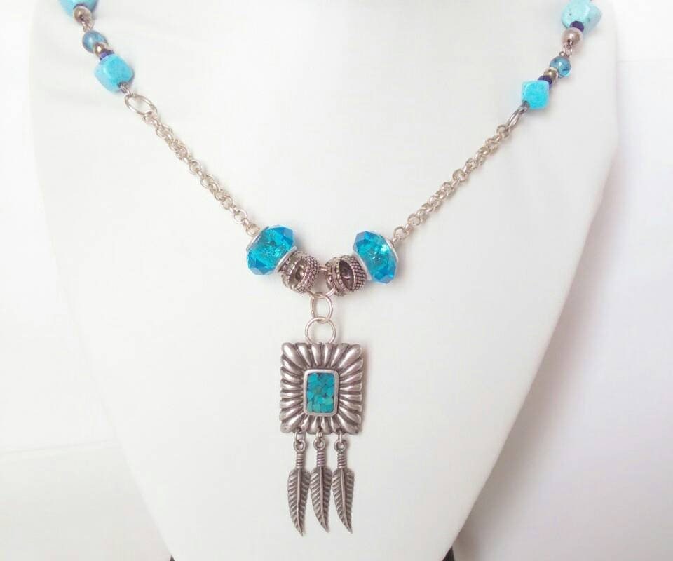 Double Strand Lariat African Turquoise Necklace w/ Copper Feather 251h