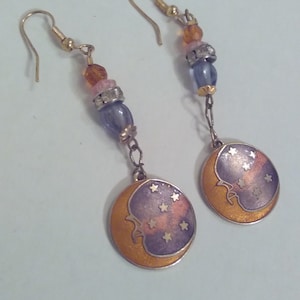Hand Made Stars and Moon dangle Earrings Cloisonne Celestial Earrings Gold Moon and Purple Stars Moon and Sky Earrings Enamelled Earrings