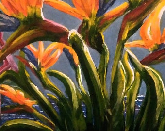 Pintura acrílica de pássaros do paraíso, arte original de Yvonne Allbritton, flores da Califórnia, pássaros do paraíso, arte, pintura acrílica de belas artes