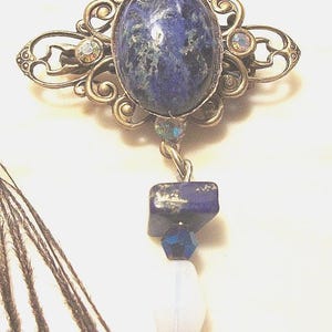 Hand made lapis Brooch Blue Brooch Lapis Brooch Hand Made Polished Lapis, Cameo Style Brooch on Vintage Brass w/ Opal & Lapis accent
