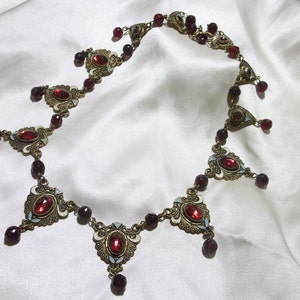 Cranberry Czech Enameled Art Deco Necklace  Rare Vintage Enameled Brass and Cranberry Glass Necklace Christmas Gift for Her