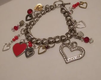 Hand Made Silver Charm Bracelet Heart Charm Bracelet Valentine's Day Gift Gold and Silver Hearts Charm Bracelet Charm Bracelet Charms