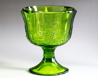 Vintage mid century Indiana Emerald green glass Chalice Goblet Grape design, Pedestal Vase, Urn