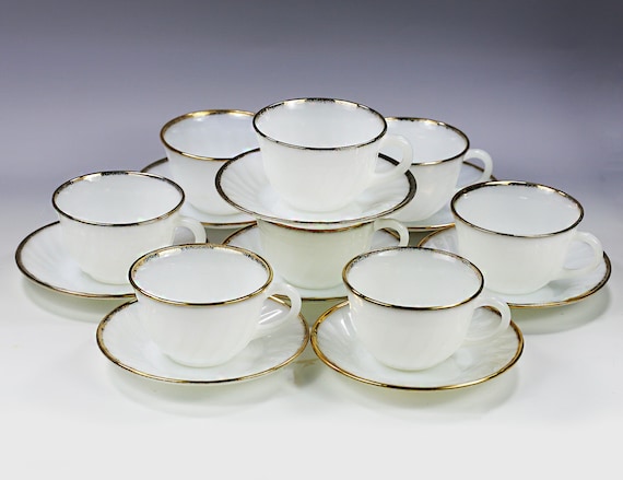 Vintage Tea Set for 8 Anchor Hocking Milk White Opaque Glass Cup