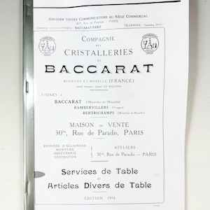 Baccarat (1916) Kristallglas-Katalog Tischservice, Artikel Verschiedenes de Tisch, Nachschlagewerk