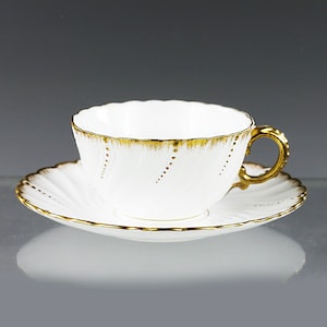 Antique, Early 1900&#39;s, French Sarreguemines Louis XV White Gilt Porcelain Cup and Saucer