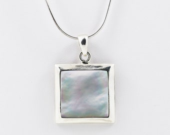 Solid 925 sterling silver snake Chain and 1 inch square Mother of Pearl pendant MOP