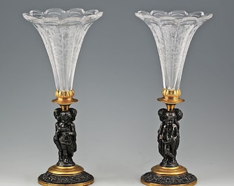 Pair French Antique Bronze and etched / cut Crystal Vases with Cherubs, Home Decor, Flower