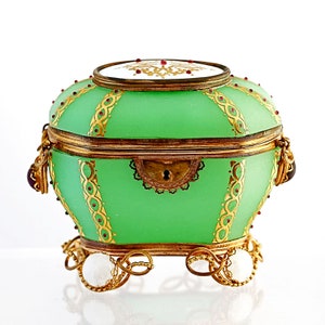Antique French jewelled green Opaline glass Box or Casket