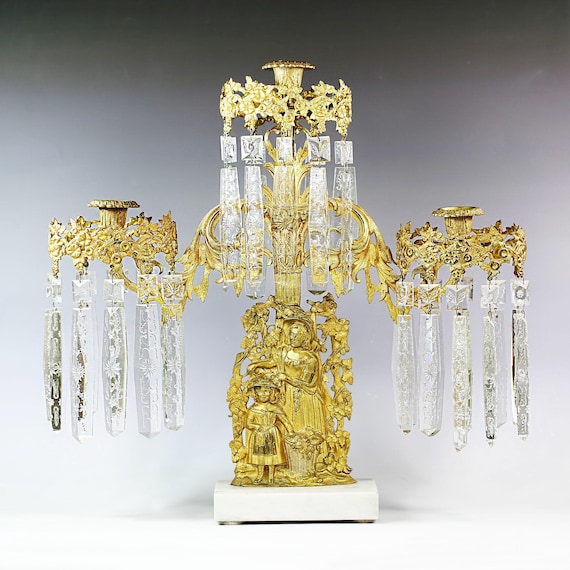 Antique Victorian Girandole Candlesticks: Brass, Crystal Prisms