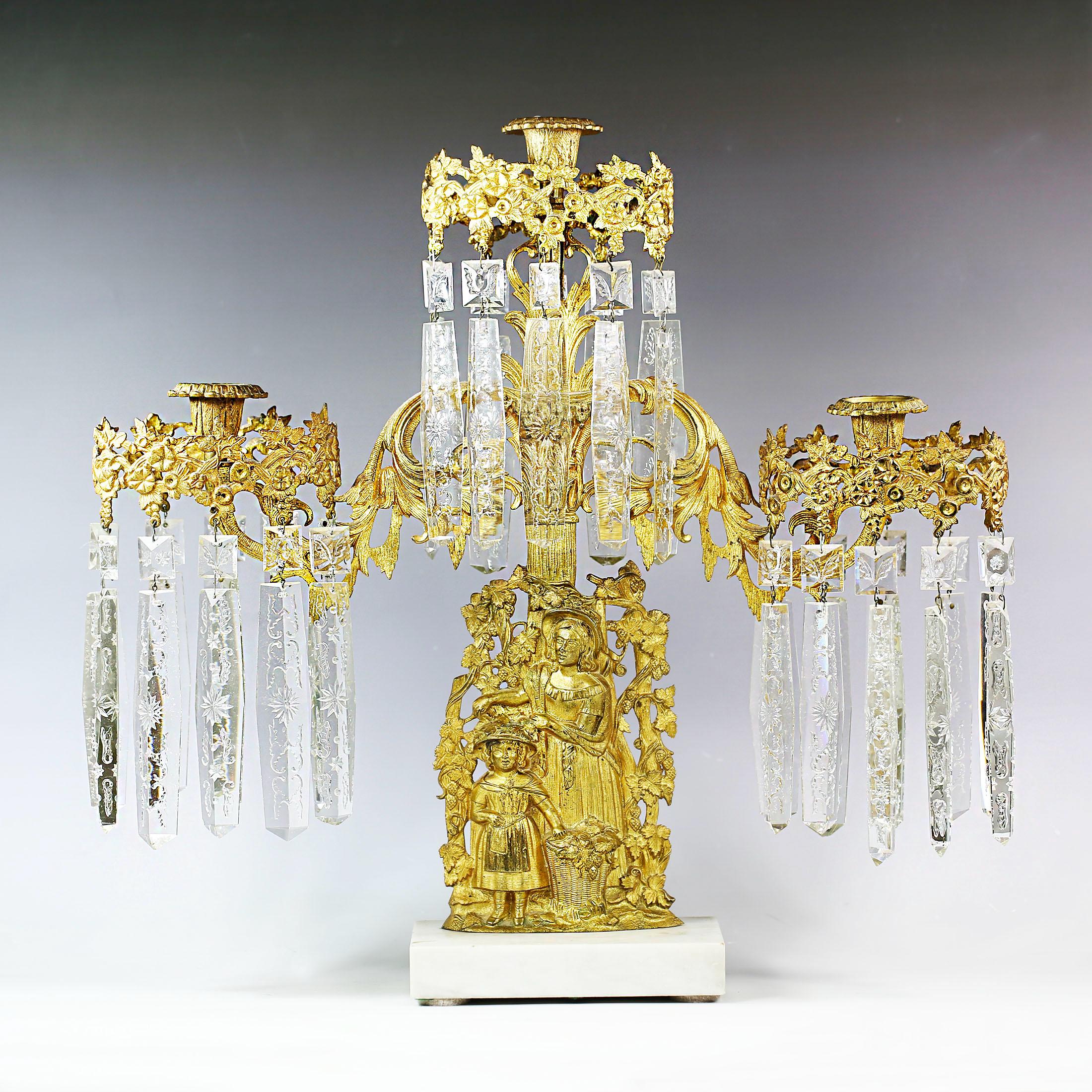 アンティーク　クリスタル　真鍮　フランス　オルモル　イパーン　バカラ　サンルイ Antique Victorian Girandole Candlesticks: Brass, Crystal Prisms