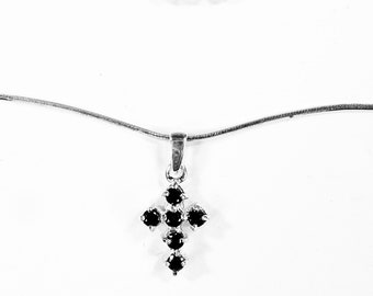 Sterling Silver Snake Chain Necklace with Black Jet Cross Pendant