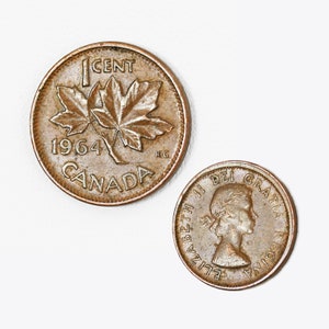 Collectible 1964 Canada 1 Cent Bronze Coin, One Canadian Penny Coin