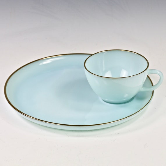 Fire King Turquoise Blue 12 Piece Snack Set Cups Plates 22k Gold