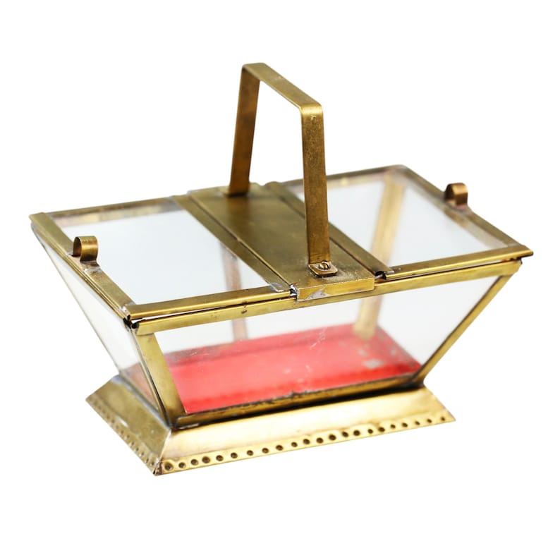 Antique Glass and Brass Basket-Style Box; Hinged Lid Keepsake Casket image 1