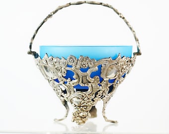 Vintage Blue Opaline Glass Candy Dish: Victorian Silver Plate Basket