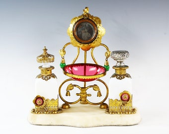 Antique French opaline glass Perfume Bottles Jewelry Dish Pocket watch display on marble plinth
