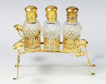 Antique French set 3 clear crystal Perfume Bottles with hinged lid Ormolu Holder