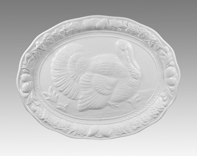 Vintage Large White Ceramic Turkey Platter, Thanksgiving Serving Platter With Raised Embossed