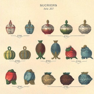May include: A collection of 10 vintage sugar bowls, or "sucriers", in various colors and designs. The bowls are made of glass and feature intricate details, including floral motifs, geometric patterns, and animal figures. The image includes the text "SUCRIERS" and "folio 303".