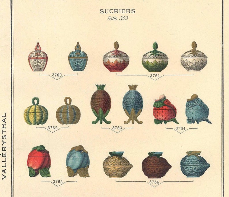 May include: A collection of 10 vintage sugar bowls, or "sucriers", in various colors and designs. The bowls are made of glass and feature intricate details, including floral motifs, geometric patterns, and animal figures. The image includes the text "SUCRIERS" and "folio 303".