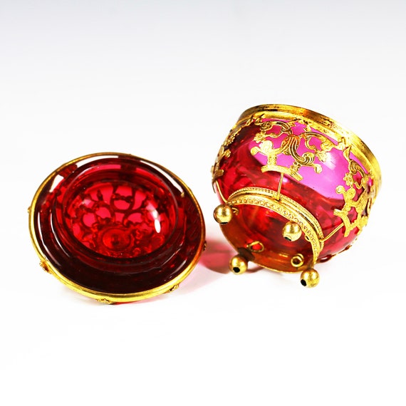 Antique French jewelry Box cranberry glass in gil… - image 5