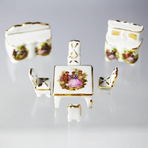 Vintage French Dollhouse Miniatures Limoges Porcelain Furniture Dining room Set, Miniature Porcelain Set, Kids Toys Gift